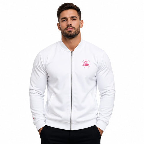 All-Over Print Unisex Bomber Jacket ZentHriva—100% polyester streetwear bomber, front view