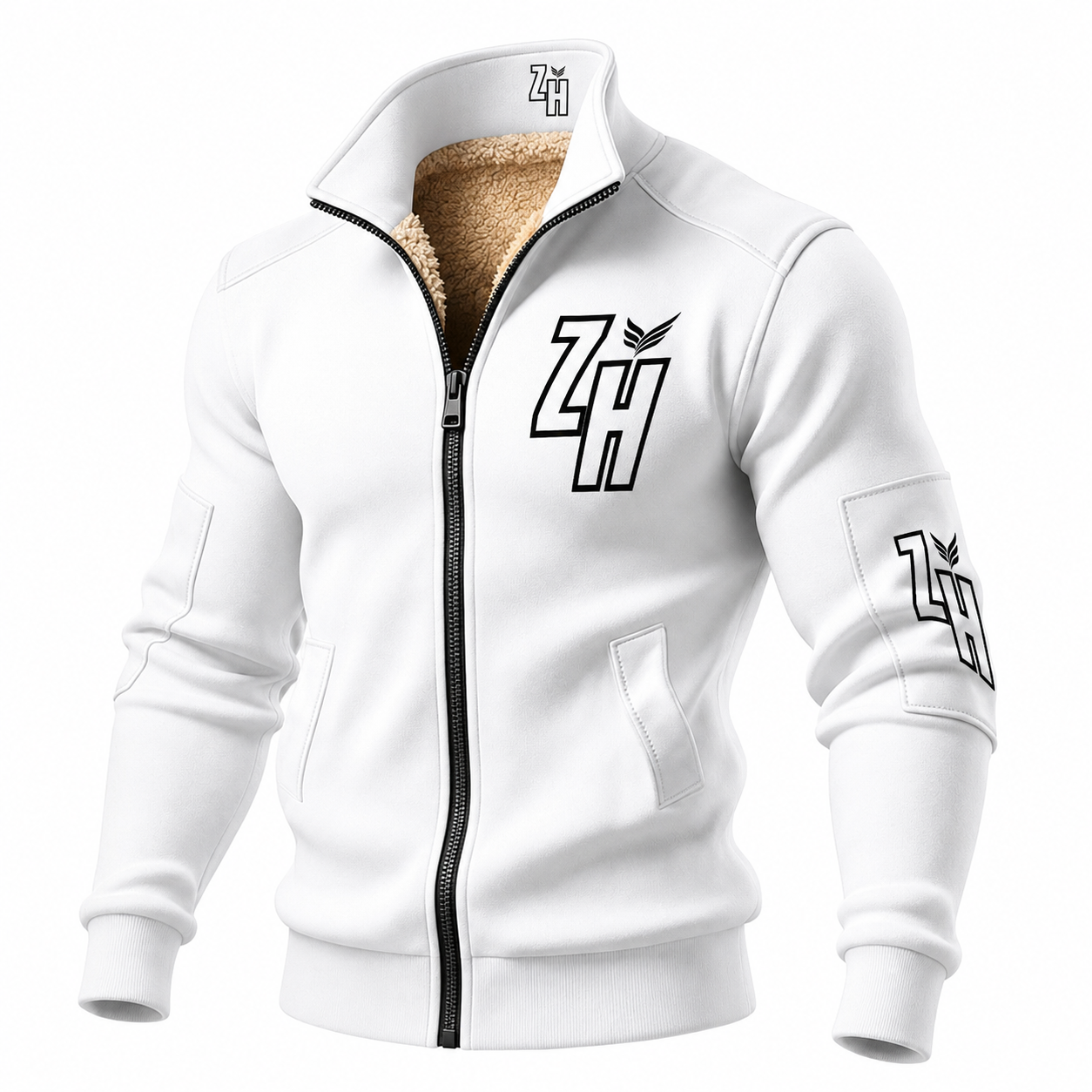 Men's White Sherpa Fleece Zip Jacket | Warm Winter Streetwear Coat | Zenthriva
