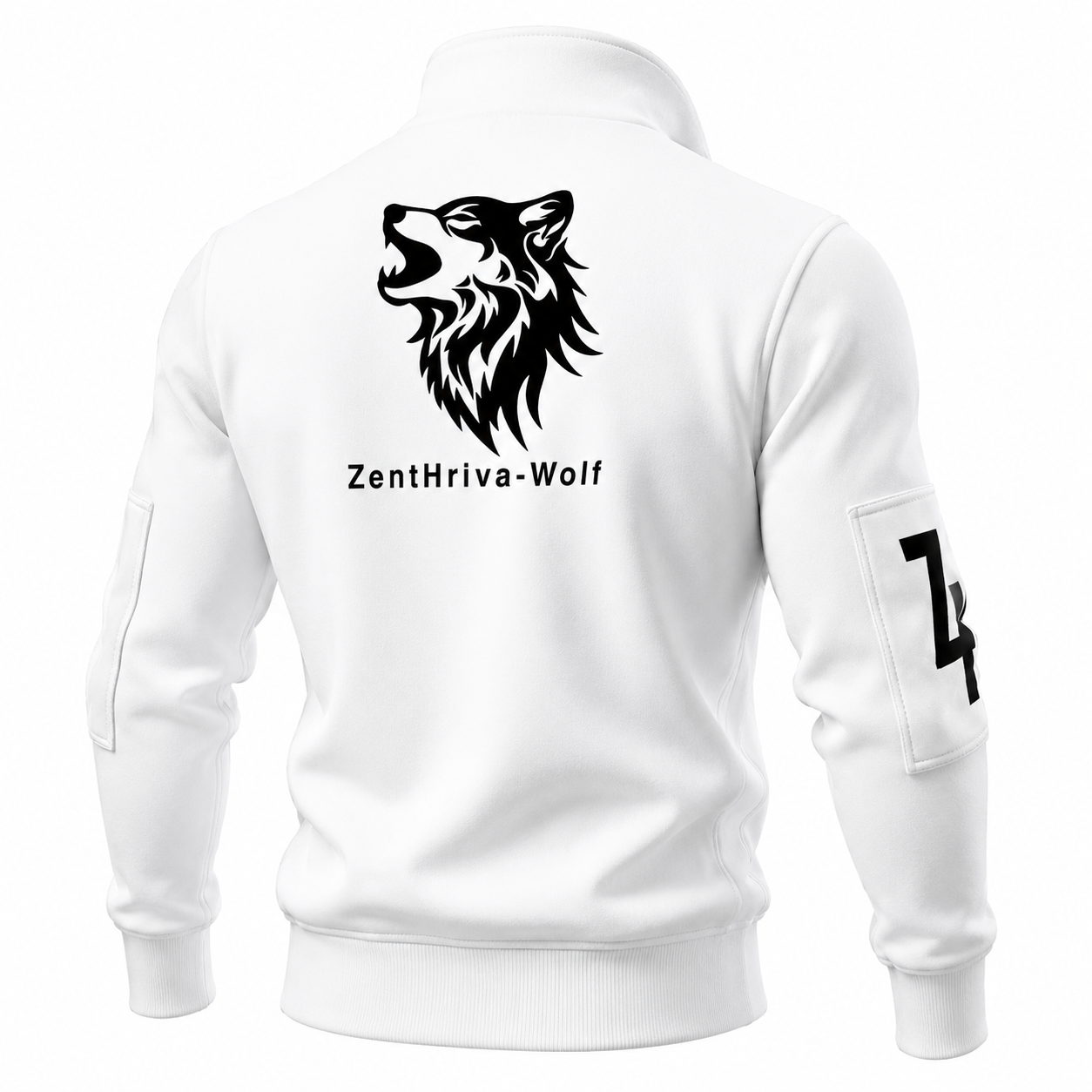 Men's White Sherpa Fleece Zip-Up Jacket with Wolf Graphic | Premium Streetwear | ZentHriva