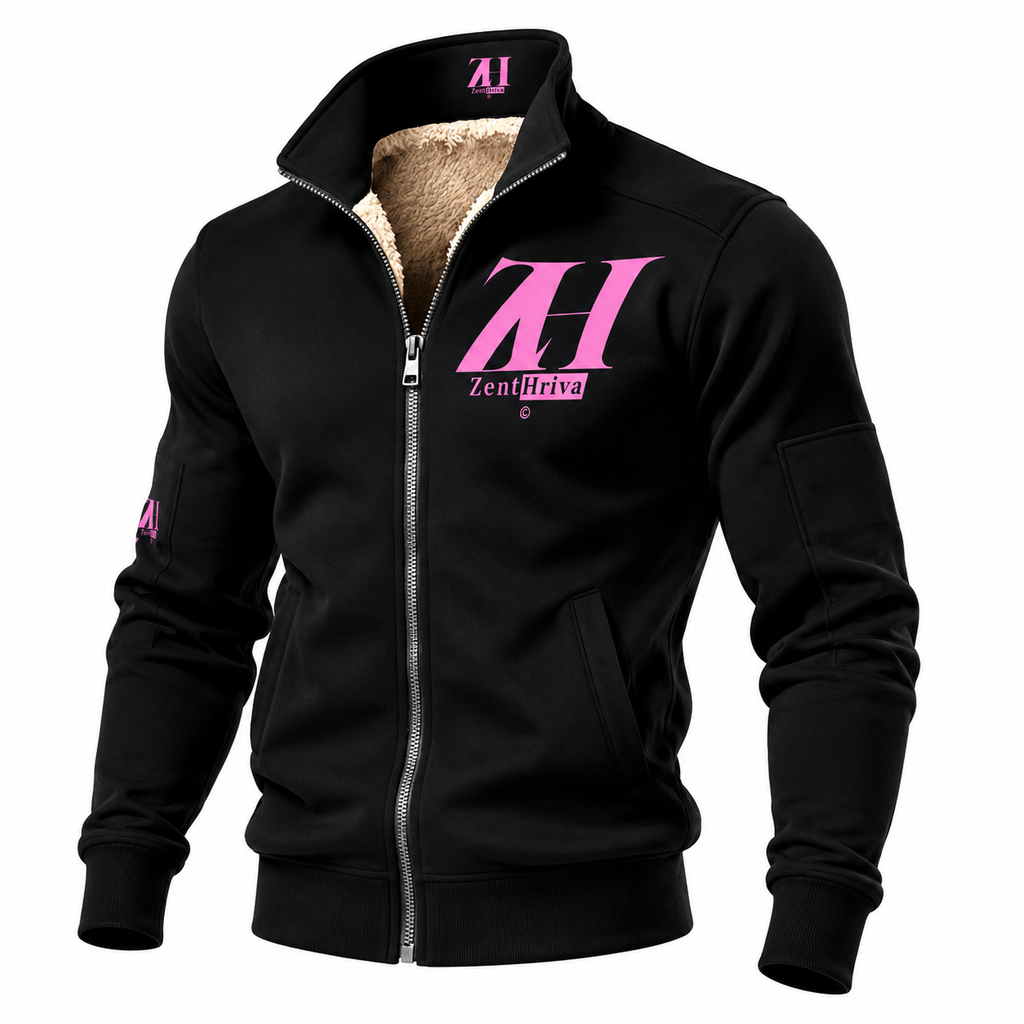 Black fleece zip-up jacket with pink neon ZentHriva logo—men's streetwear front view
