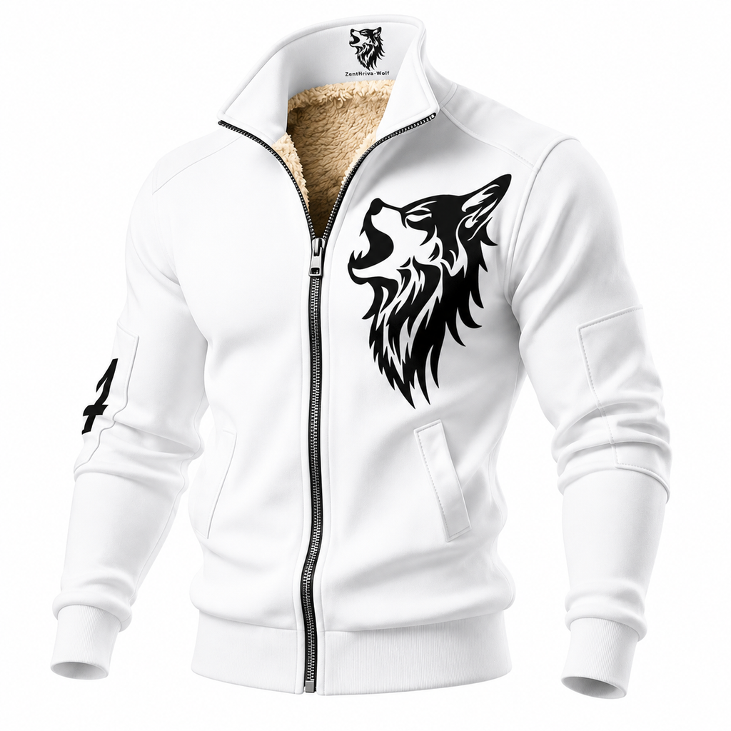 Men's White Sherpa Fleece Zip Jacket ZentHriva—Warm winter streetwear coat, front view
