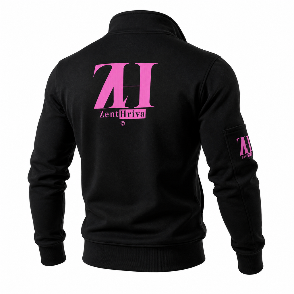 Black fleece zip-up jacket with pink neon ZentHriva logo—men's streetwear back view