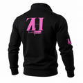Black fleece zip-up jacket with pink neon ZentHriva logo—men's streetwear back view