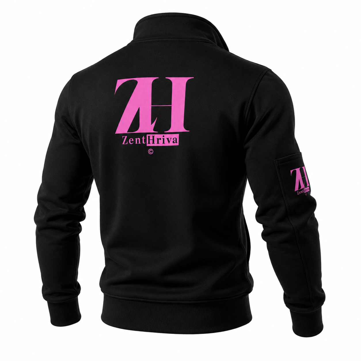 Black fleece zip-up jacket with pink neon ZentHriva logo—men's streetwear back view