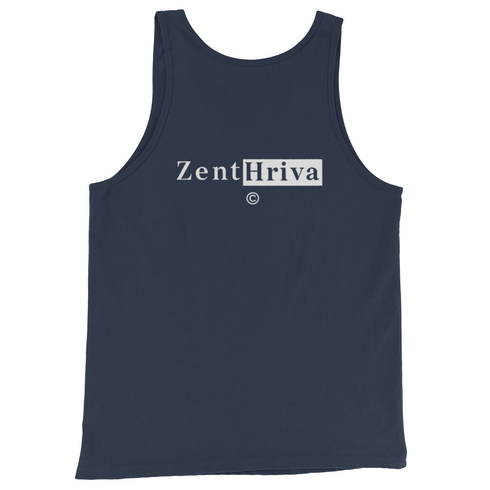 Tank Top Signature ZentHriva — Azul Navy espalda con logo, diseño editorial
