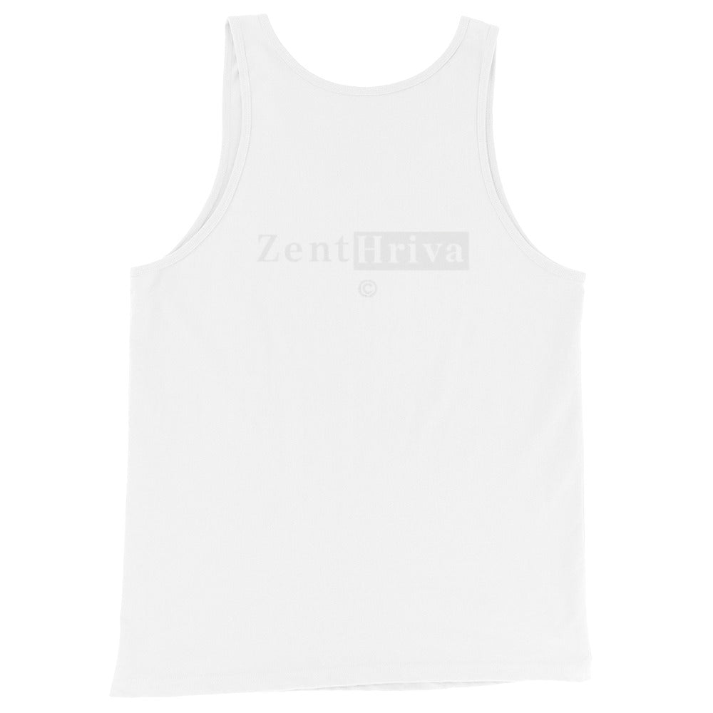 Tank Top Signature ZentHriva — Blanco espalda con logo, presencia sin palabras
