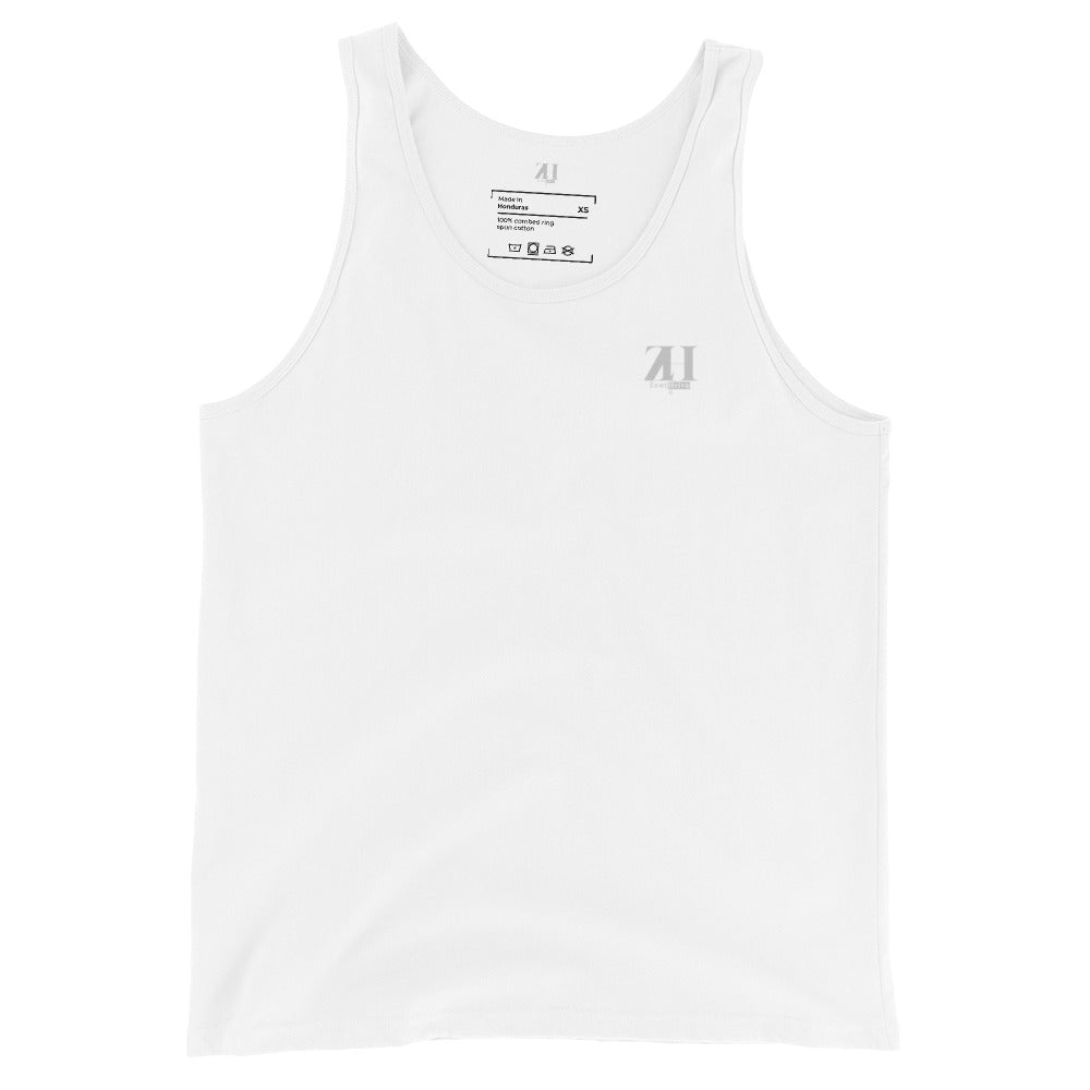 Tank Top Signature ZentHriva — Blanco frente, luxury streetwear minimalista
