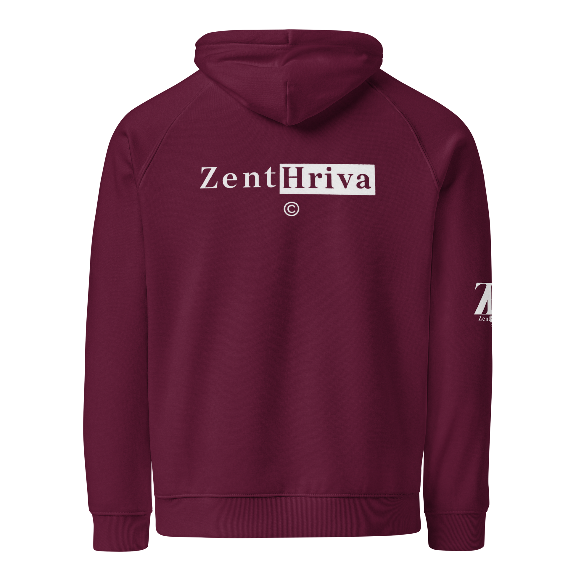 Unisex Eco Raglan Hoodie ZentHriva – Burgundy, vista trasera