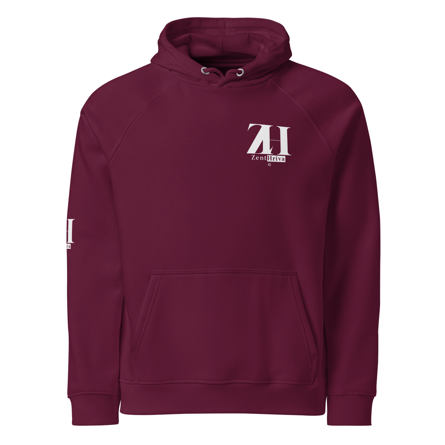 Unisex Eco Raglan Hoodie ZentHriva — Burgundy, vista frontal