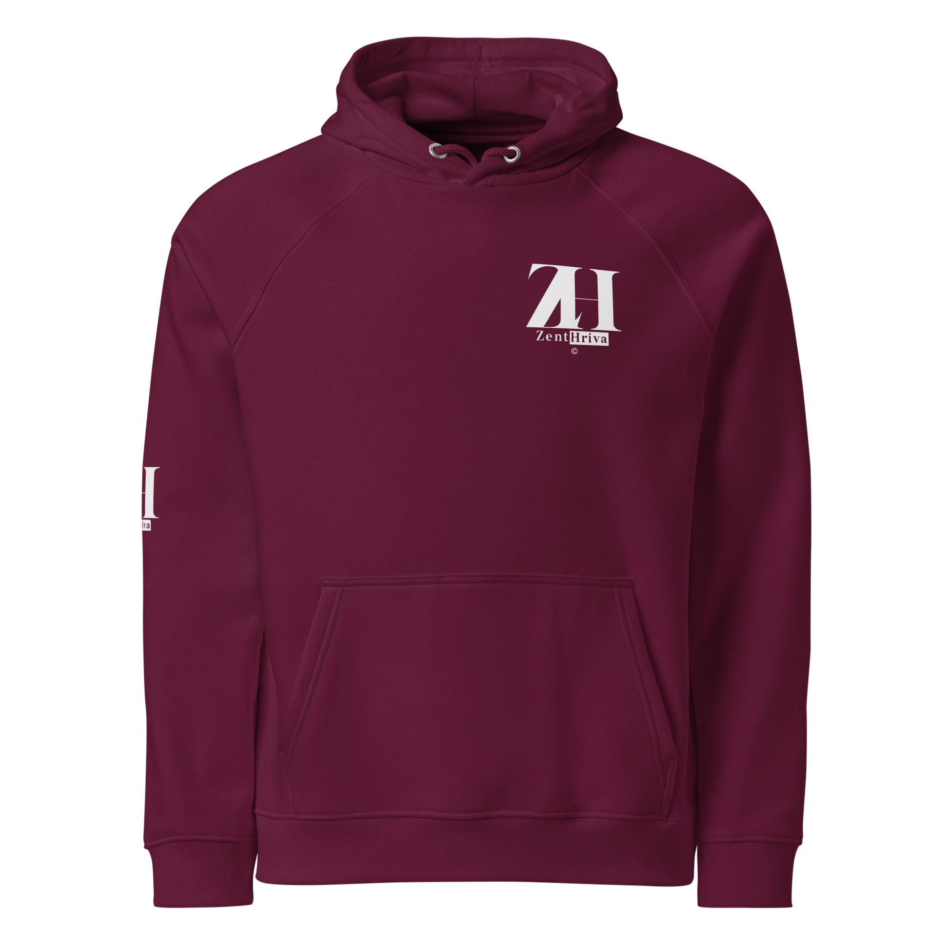 Unisex Eco Raglan Hoodie ZentHriva — Burgundy, vista frontal