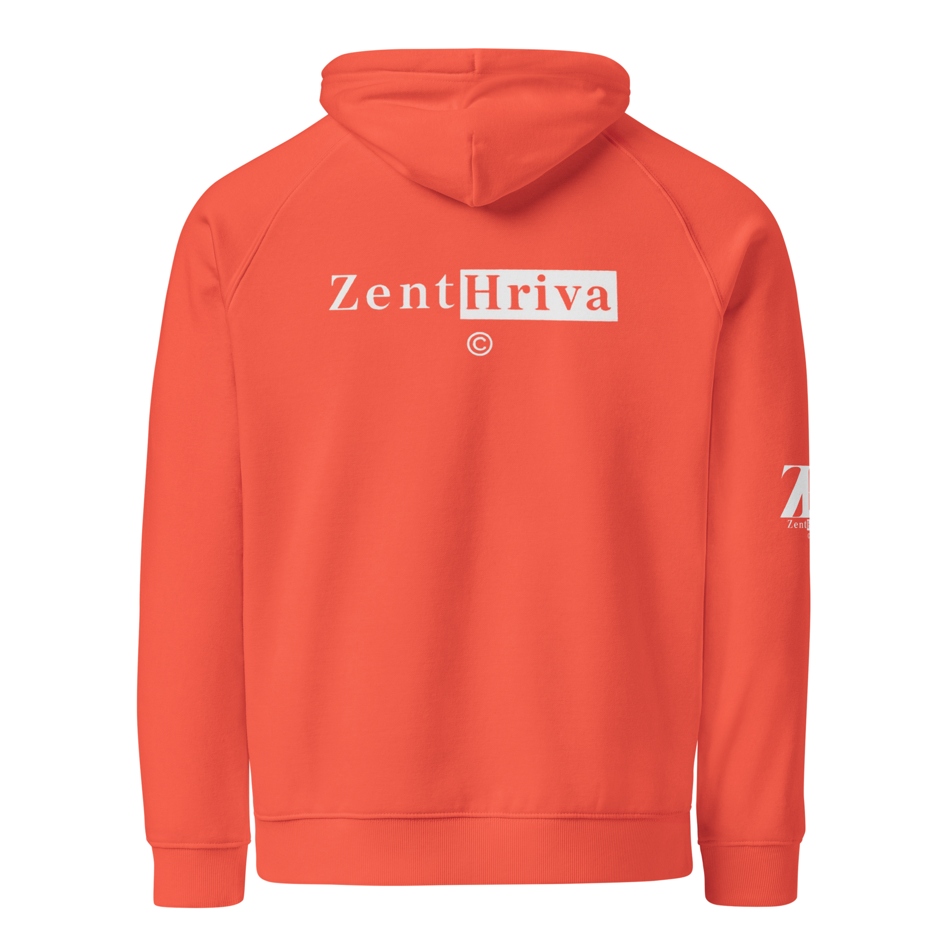 Unisex Eco Raglan Hoodie ZentHriva — Burnt Orange, vista trasera