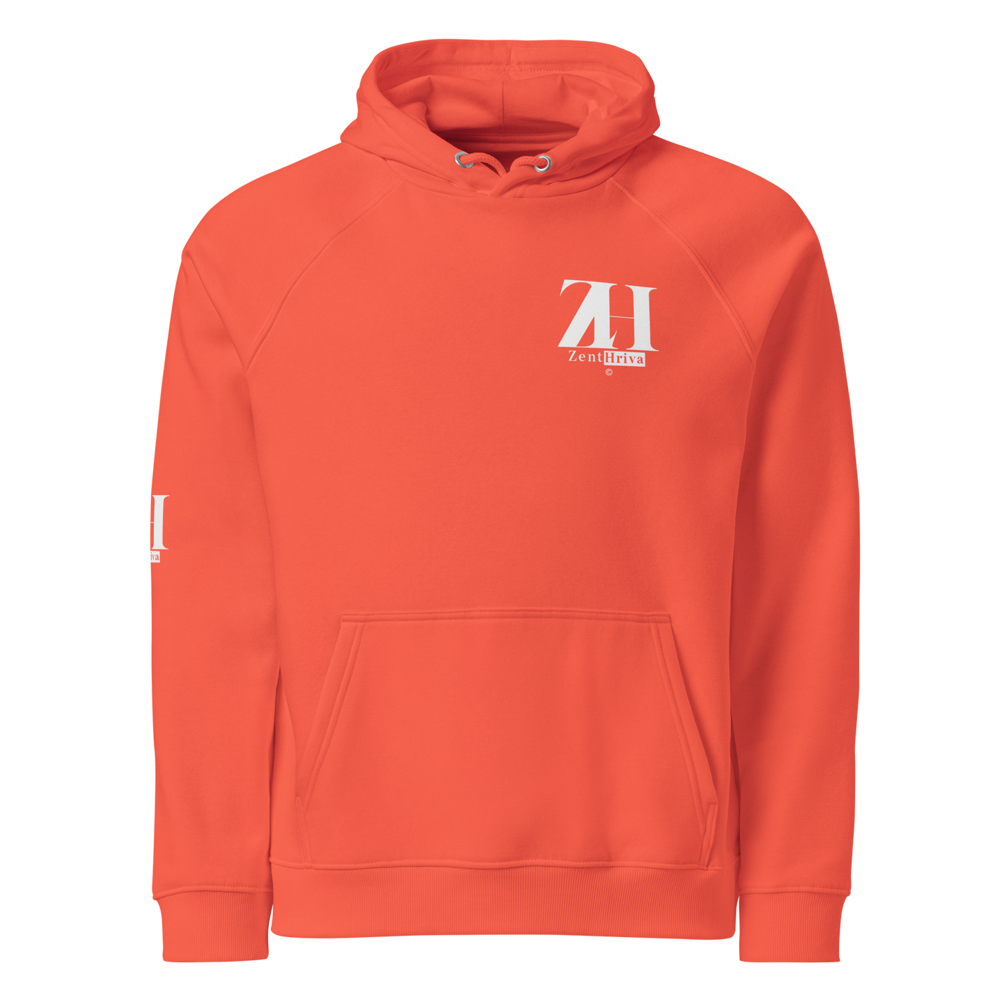 	Unisex Eco Raglan Hoodie ZentHriva — Burnt Orange, vista frontal