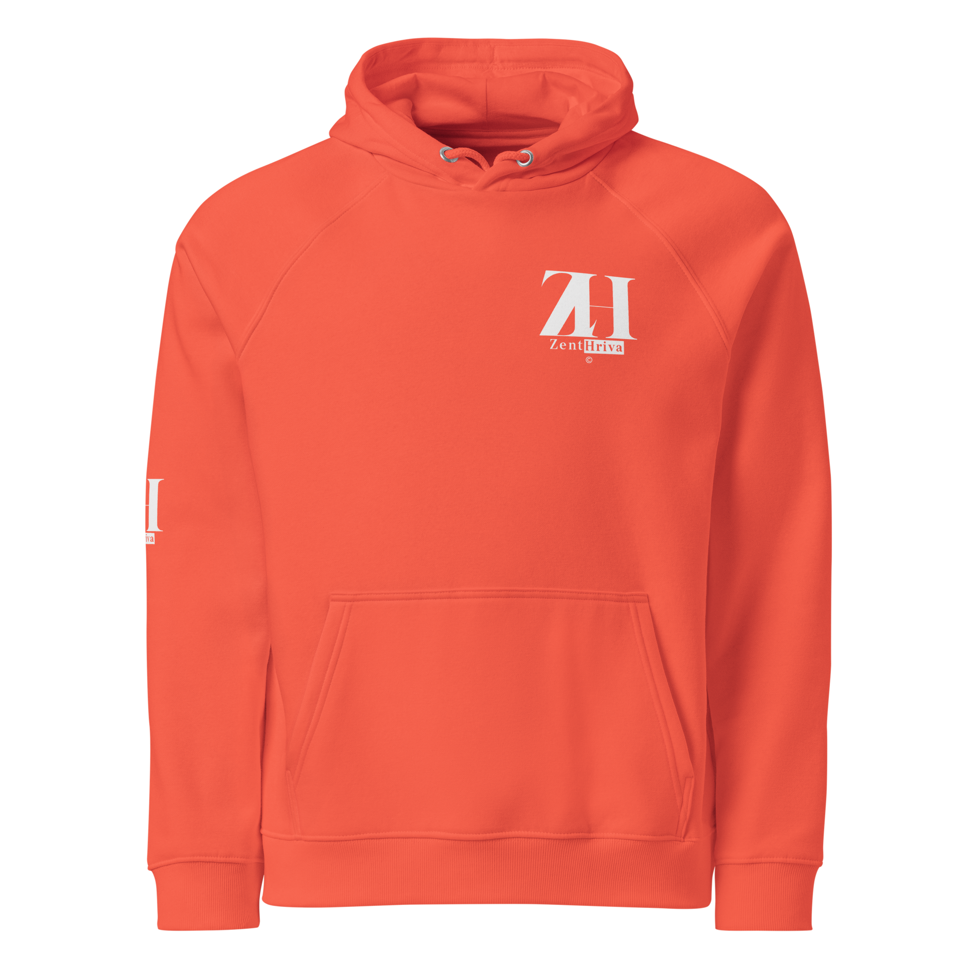 	Unisex Eco Raglan Hoodie ZentHriva — Burnt Orange, vista frontal