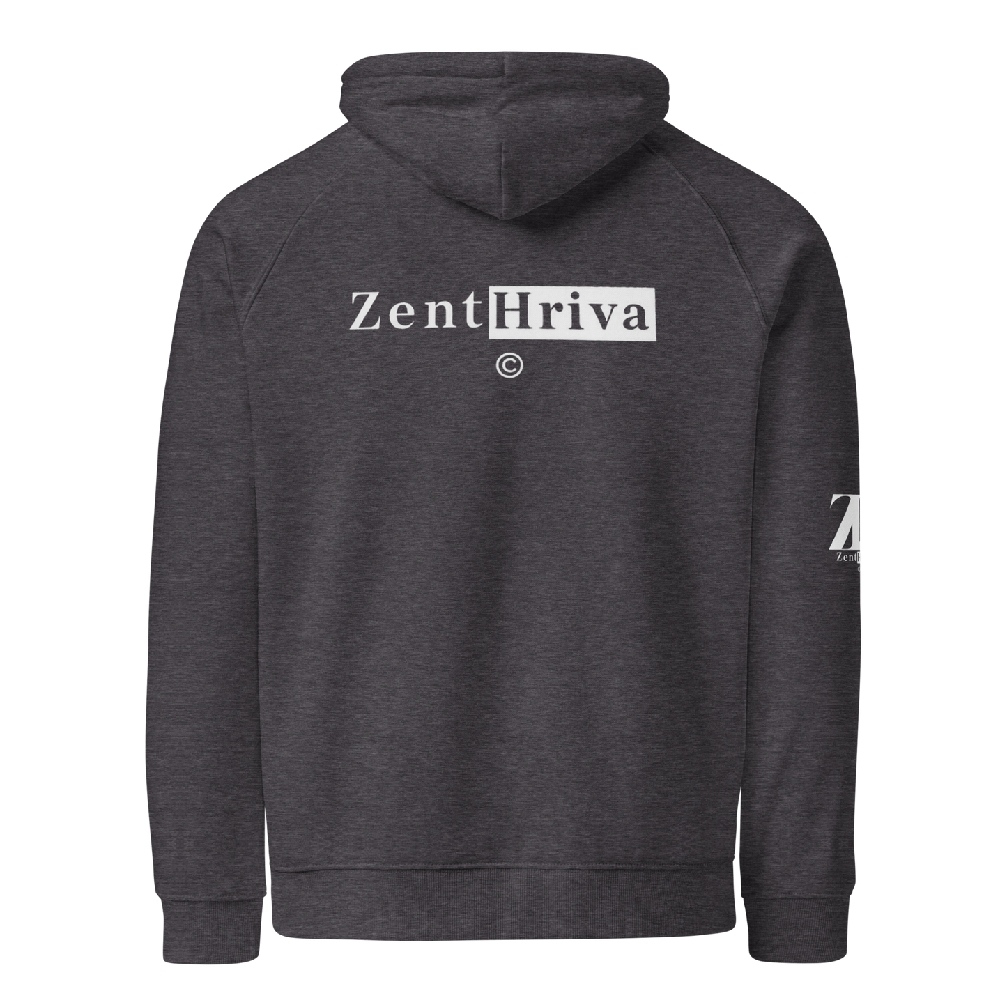 Unisex Eco Raglan Hoodie ZentHriva — Charcoal Melange, vista trasera