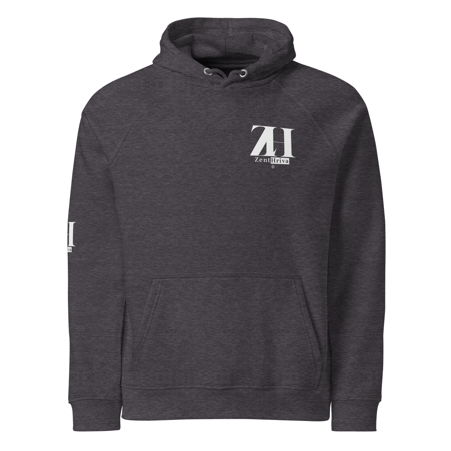 Unisex Eco Raglan Hoodie ZentHriva — Charcoal Melange, vista frontal