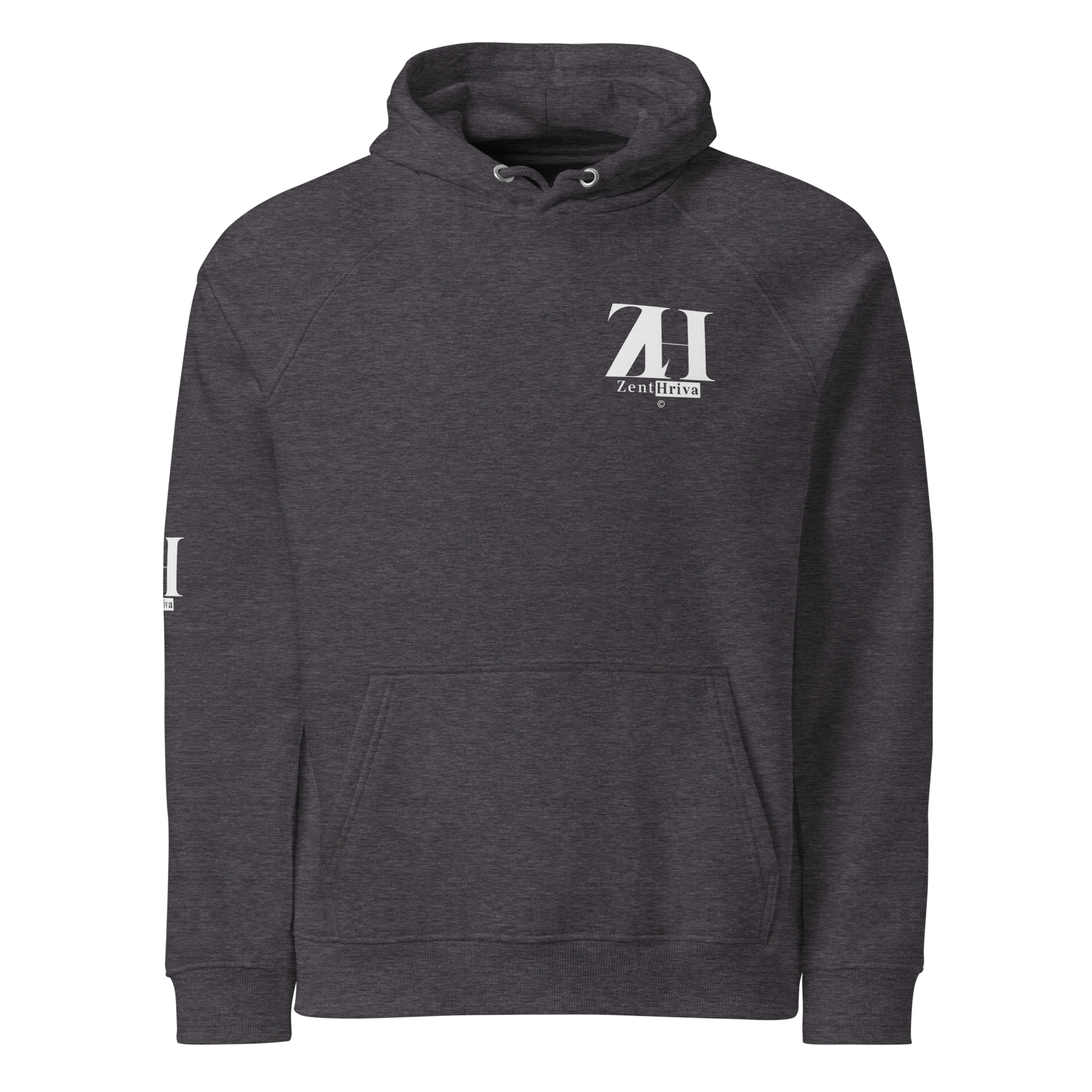 Unisex Eco Raglan Hoodie ZentHriva — Charcoal Melange, vista frontal