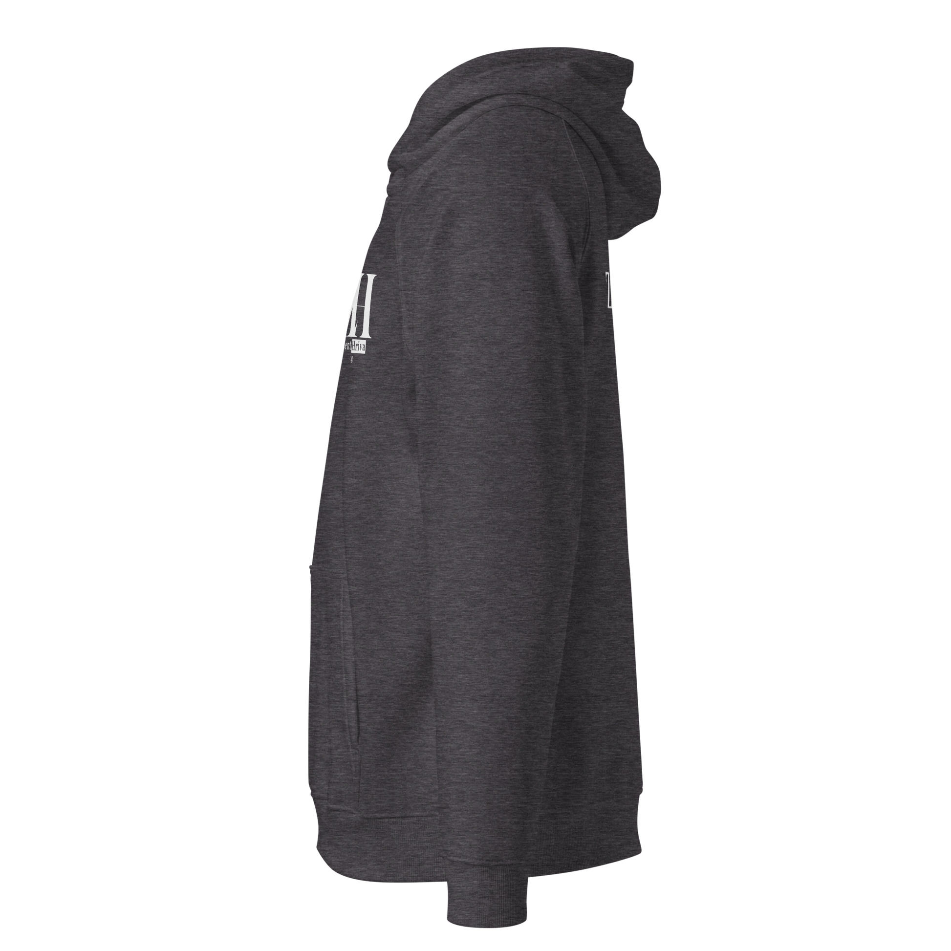 Unisex Eco Raglan Hoodie ZentHriva — Charcoal Melange, vista lateral izquierda