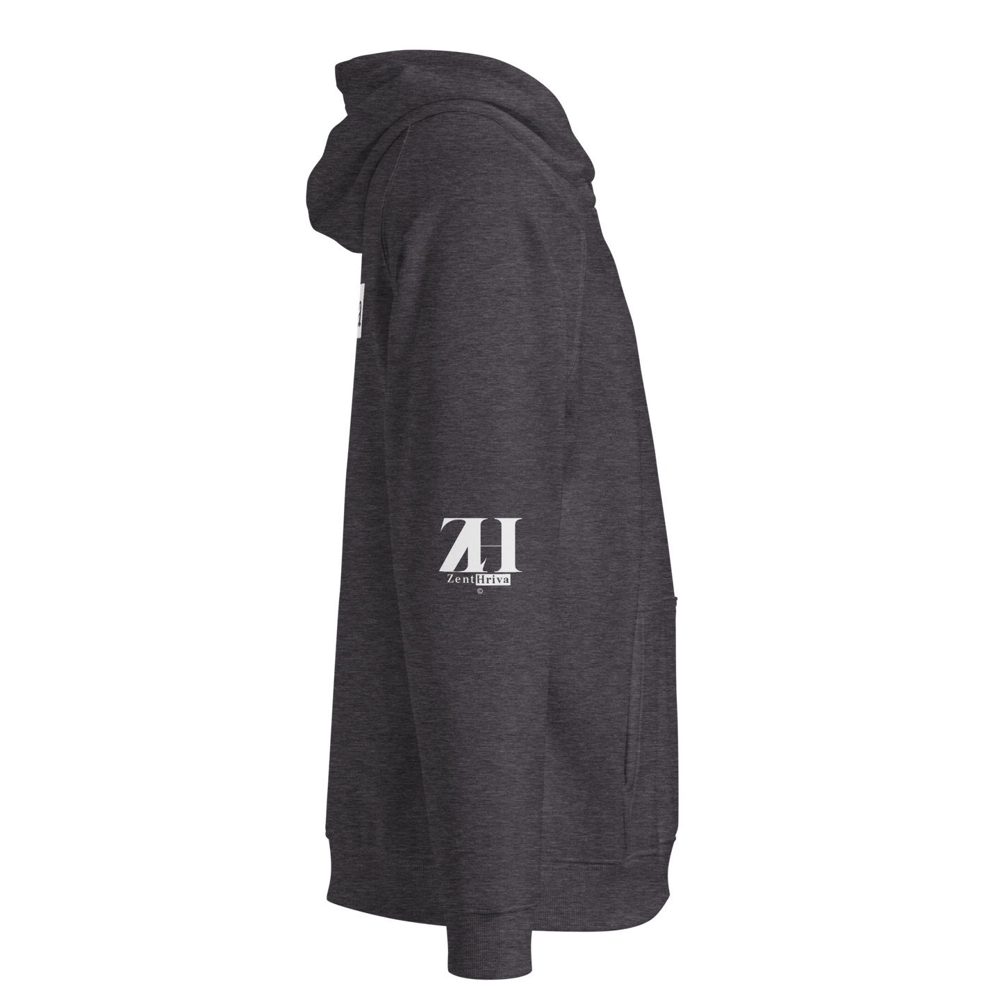 Unisex Eco Raglan Hoodie ZentHriva — Charcoal Melange, vista lateral derecha