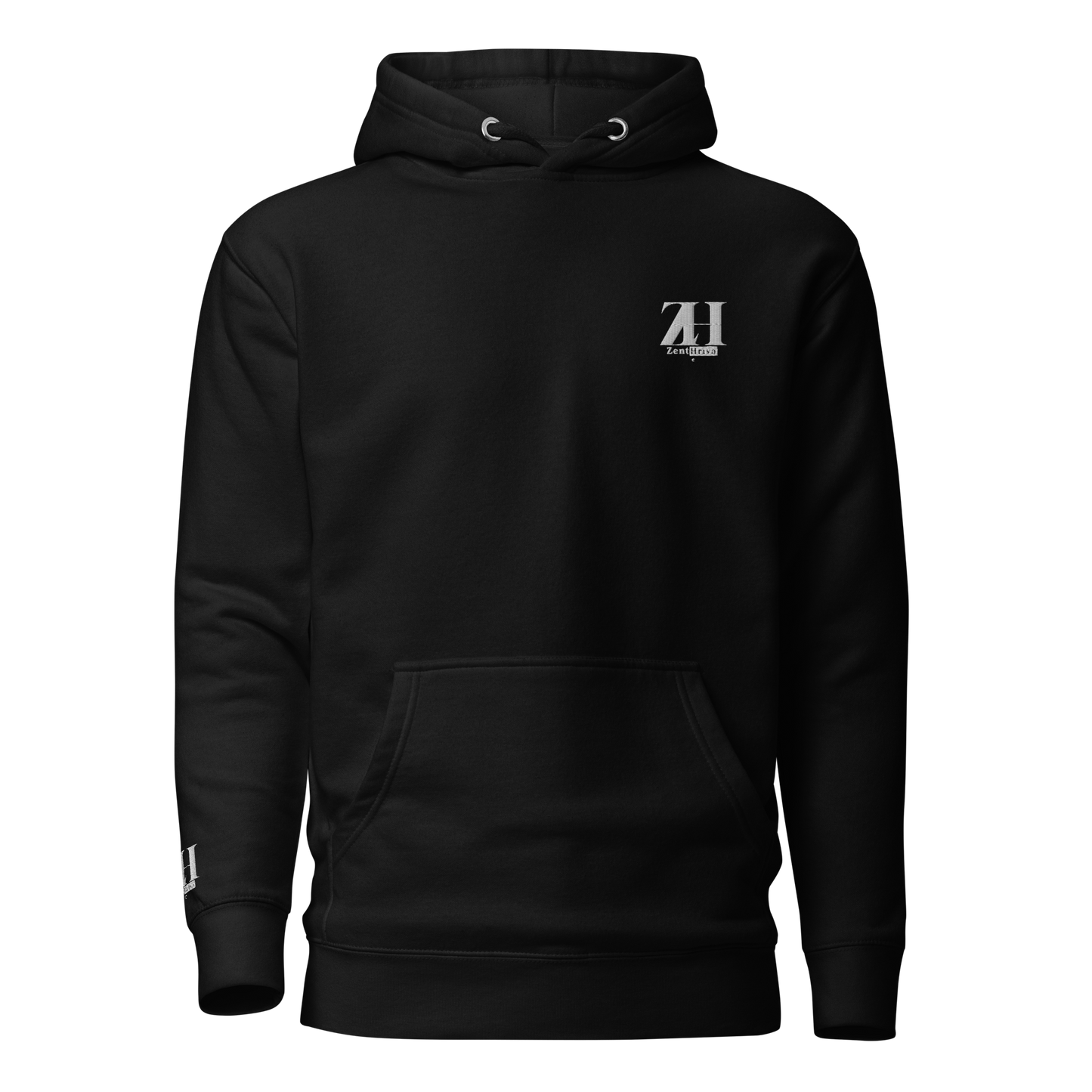 Unisex Premium Pullover Hoodie ZentHriva — Black, front view