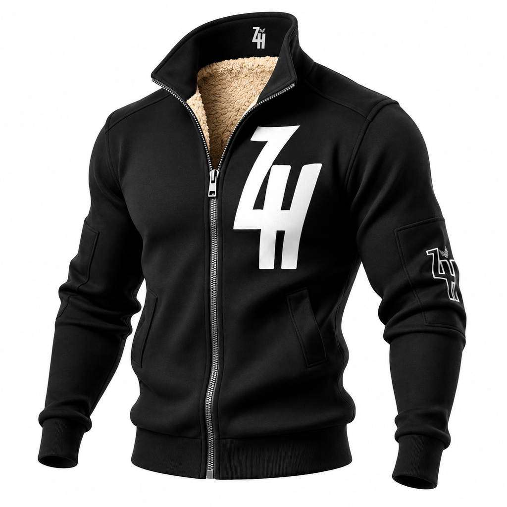Black full-zip sherpa fleece jacket with ZentHriva logo—men's streetwear coat