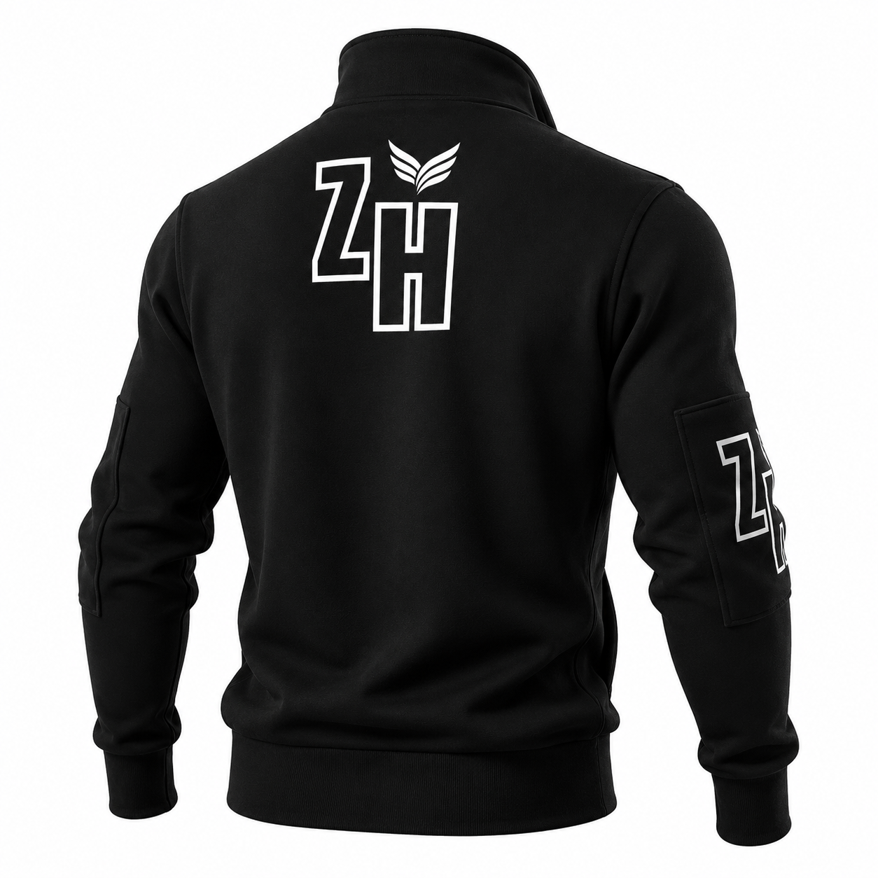 Back view of ZentHriva black full-zip sherpa fleece jacket with logo—men's streetwear